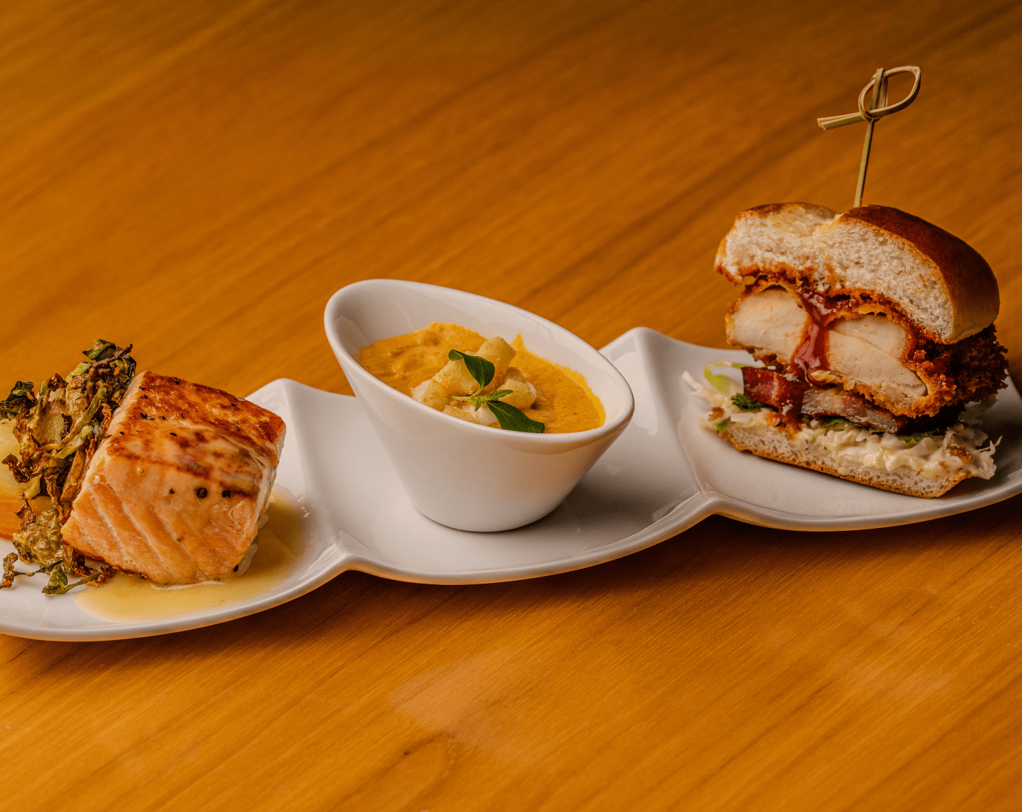 Faroe Island salmon, coconut curry, and a katsu club slider.